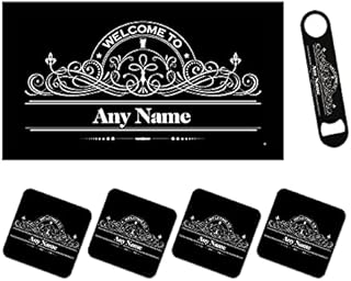 Personalised Bar Runner Mat, Matching Bottle Opener & 4 x Drinks Coasters Gift Set|Beer Gifts Home Bar Accessories for Pub Bars Man Cave Him Her|BRS-RA816|ADD ANY NAME/TEXT