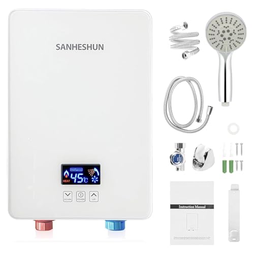 Electric Tankless Water Heater, 6000W 220V Instant Hot Water Heater with Handheld Shower Head and Hose Set, LED Touch Screen Switch Adjustable Temperature for Bathroom Kitchen - White