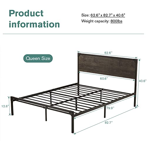 Imusee Queen Size Platform Metal Bed Frame With Wood Headboard, Heavy Duty Bed Frame With 11" Under-Bed Storage Space, No Box Spring Needed, Easy Assembly, Noise Free, Rustic Brown #TOP5