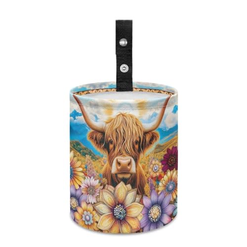 Image of Renewold Automotive Garbage Cans Multipurpose Trash Bin for Car Boho Flower Dahlia Highland Cow Car Trash Can Camping Beach Storage Bag Foldable Portable Automotive Interior Accessories Waterproof