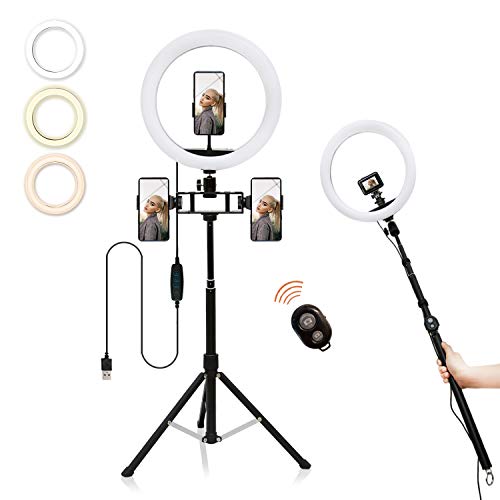 12" LED Ring Light with Tripod Stand & Phone Holder, Dimmable Circle Light with Bluetooth Selfie Stick, 3 Light Modes & 10 Brightness Levels, for Photography, Makeup, Live Streaming