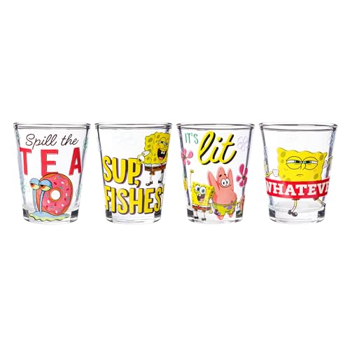 Image of Silver Buffalo Spongebob Squarepants Featuring Patrick Star and Gary Quotes Set 4 Pack Mini Glass Set, 1.5 Ounces