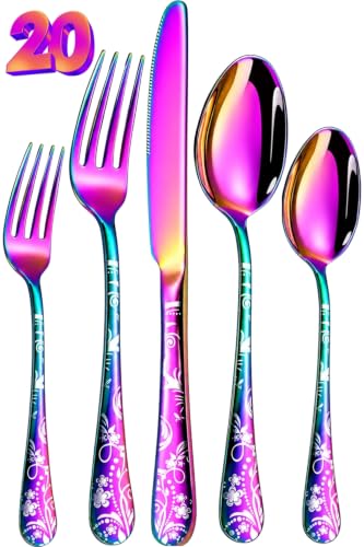 Image of Floral Rainbow 20 Pcs Stainless Steel Cutlery Set for Dining Table, Dishwasher Safe Glossy Flatware (4 Spoon Set+4 Forks Set+4 Butter Knife+4 Dessert Spoon+ 4 FruitFork)