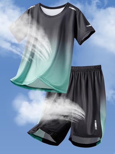 Hansber Kids Boys Athletic Outfit Moisture-wicking Short Sleeve T-shirt And Shorts Set Sports Workout Activewear Green 7-8 Years4