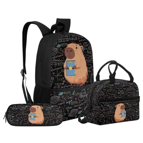 Puganiruo Black Capybara Print Kids Backpacks for Elementary School Bookbag Set with Lunch Bag and Pencil Pouch, Set 3 in 1 Back to School Supplies