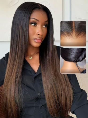 Image of Sunber Yaki Straight Human Hair Wig Brown Ombre 7x5 Glueless Wigs 24 Inch