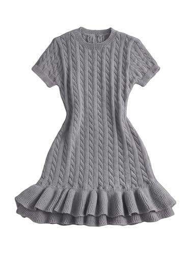 SOLY HUX Women's Short Sleeve Bodycon Sweater Dress Cable Knit Ruffle Party Mini Dresses Pure Grey Large