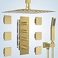 Bostingner Shower Jets System in Wall, 16 inch Ceiling Rainfall Shower System with Handheld and 6 Body Spray Jets Can All Run Together Thermostatic Shower System with Valve and Trim Kit - Brushed Gold