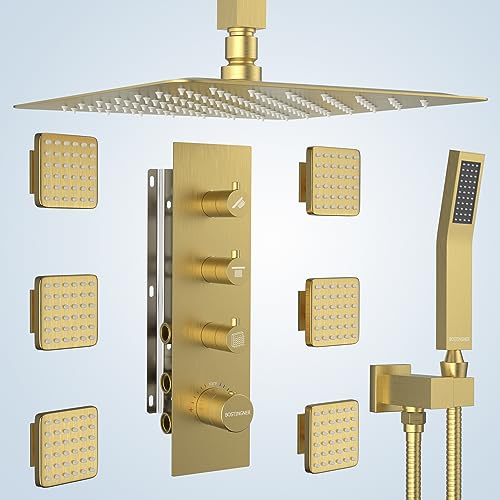 Image of Shower Faucet Set Brushed Gold,Thermostatic Shower System with Body Jets,16 inch Ceiling Rainfall Faucet Set with with 6 PCS Dual Modes Body Jets(3 Inch) Can All Run Together