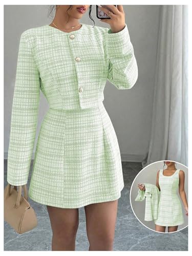 Image of SOLY HUX Women's 2 Piece Outfits Plaid Long Sleeve Button Down Cropped Jacket and Sleeveless Mini Dress Sets