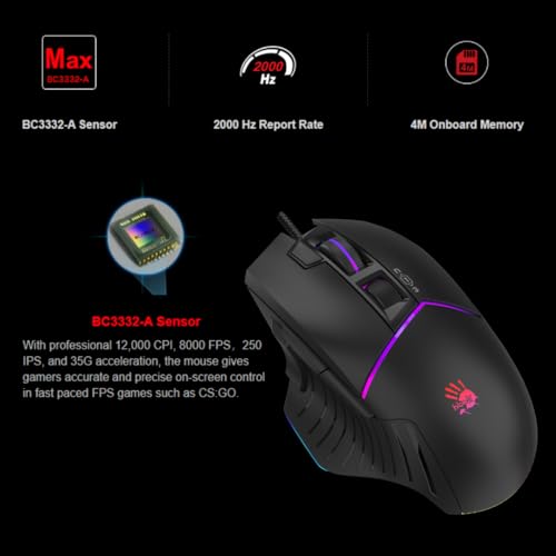 Image of Bloody W95BR Max Extra Fire Gaming Mouse - 12,000 CPI, BC3332-A Sensor, 2000 Hz Report Rate, 4M Onboard Memory, RGB Backlit, Adjustable LOD, Precision Control, Ergonomic Design