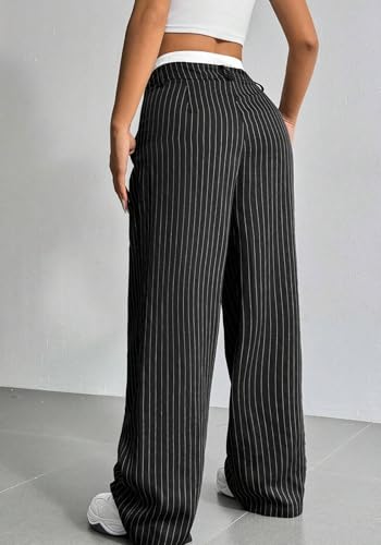 LKOUS Dress Pants Women High Waist,Casual Work Wide Leg Pant Striped Straight Trousers with Pockets3