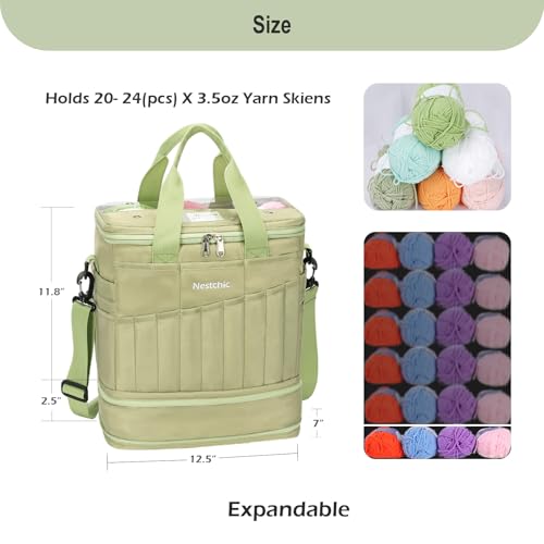 Image of Expandable Crochet Bag,Anti-Tangle Yarn Storage Organizer, Durable Knitting Project Bags for Crocheting Accessories, Portable Travel Yarn Bag for Knitters & Crocheters.ldeal Gift for Women (Green)