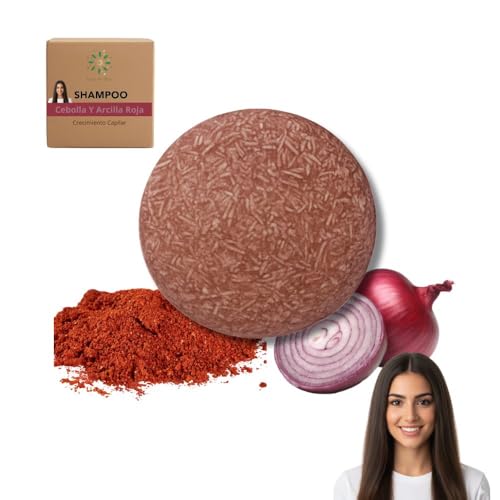Champú Sólido con Cebolla Roja y Arcilla Roja | Shampoo Natural Fortalecedor y Estimulante del Crecimiento | Purifica, Aporta Volumen y Brillo | Sin Sulfatos, Vegano, Artesanal y Zero Waste – 65 g