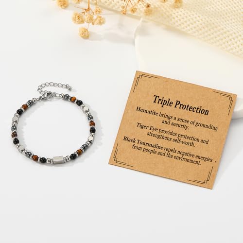Image of Natural Healing Crystal Bracelet for Women, Triple Protection Anxiety Relief New Beginnings Good Luck Empath Protection Jewelry Gift for Friends Daughter Mom 6.5+1.8 Inches