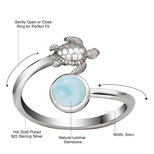 925 Sterling Silver Hawaiian Turtle and Full Moon, Adjustable Easy Resize Wrap Around Bypass Ring Eternity Band, Blue White Opal Larimar, 14K Gold Plated, Hypoallergenic Nickel Free, with Gift Box3