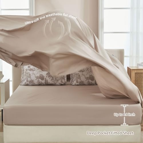Image of DJY Khaki Comforter Set Full Size,7 Pieces Bed in a Bag Botanical Comforters with Sheets Elegant Plants Print Soft Microfiber Reversible Complete Bedding Sets for All Season