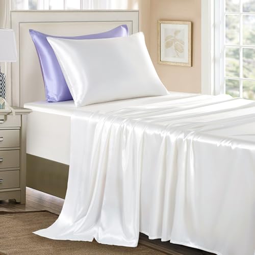 GOLAL Sábanas de satén Individual, 3 Piezas, sábanas Suaves y sedosas, Infantil, sábanas de Seda Satinada Blanca, Antiarrugas con 1 sábana Bajera Profunda, 1 sábana encimera, 1 Funda de Almohada