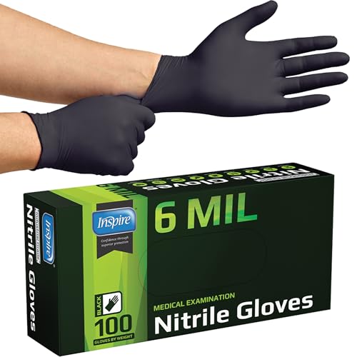 Inspire Black Nitrile Gloves HEAVY DUTY 6 Mil Nitrile Chemical Resistant Medical Cooking Cleaning...