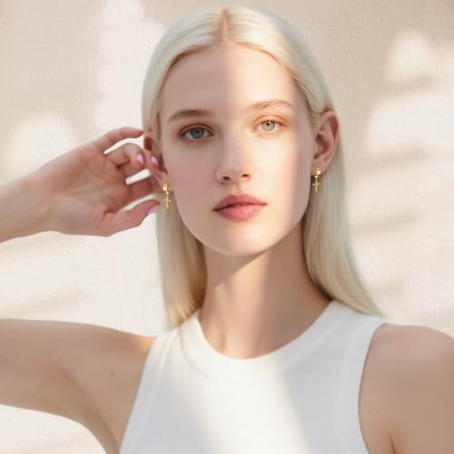 Cupimatch 3-6 Pairs Stainless Steel Cross Dangle Huggie Hinged Hoop Earrings for Men Women2