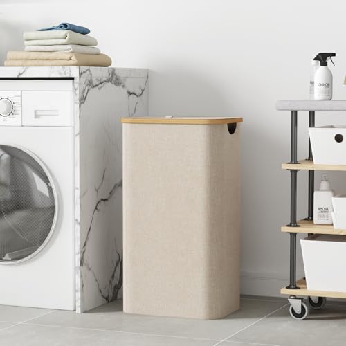 Lifewit 100L Wäschekorb mit Deckel, Wäschekörbe für Wäsche mit Bambus Griffe und Eine Abnehmbare Wäschesack, Große Faltbare Wäschekorb für Schlafzimmer, Bad, Schlafsaal, Waschküche, Beige