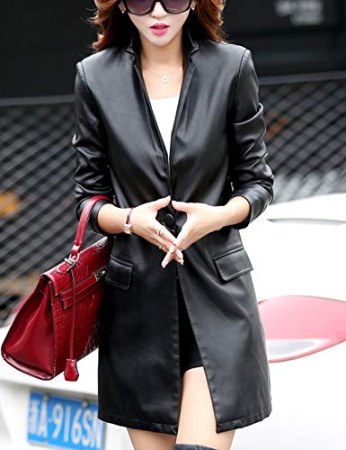 Tanming Womens Pu Faux Leather Jacket Casual Lapel Long Suit Trench Coat Outerwear (Black-Xs) #TOP2