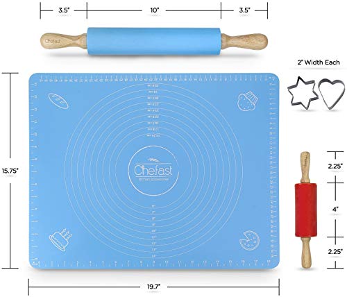 Chefast Rolling Pin and Pastry Mat Set - Large and Small Non-Stick Silicone Dough Rollers, Non-Slip Baking Sheets with Measurements, and Cookie Cutters