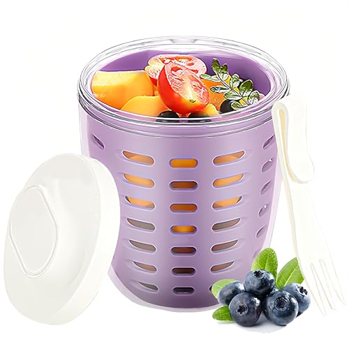 MdakeGo 20oz Fruit Salad Storage Cup with Lids and Fork, Reusable Plastic Fruit Storage Containers for fridge with Drain Baskets, BPA-Free & Leak-Proof, Keep Fruits, Vegetables Fresh Longer (Purple)