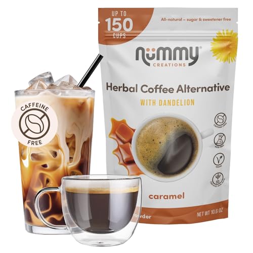 Nummy Creations 150 cup Caramel Instant Caffeine-Free Coffee Alternative with Dandelion. Coffee Substitute, Chicory Coffee 10.6oz