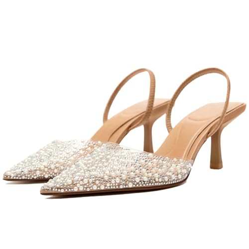 CRETUAO Klara slingbackklackar för kvinnor, sexiga spetsiga klackskor för kattungar, med pärlnubbade strass Bröllop Dressy Party Pumps Skor,Apricot 1,39 EU