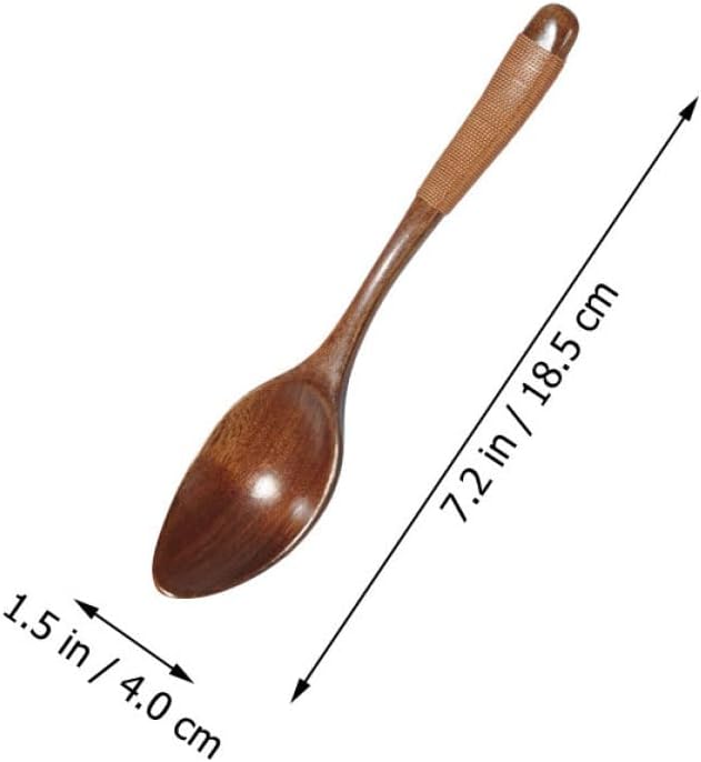 3pcs Brown Wrapped Handle Nanmu Wood Wide Mouth Wooden Spoons Multipurpose Kitchen Eating Soup Rice Scoops for Household and Restaurant Use