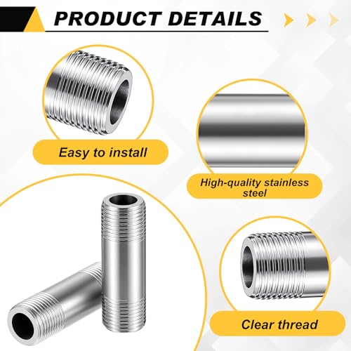 Image of 4 Pcs 304 Stainless Steel 3 /8 NPT Pipe Nipple 2 inch Length