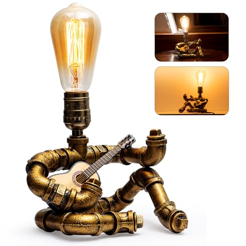 Image of Music Guitar Table Lamp,Steampunk Table Lamp,Retro Guitars Steampunk lamp,Cool Industrial Metal Tube Robot Lamp Gifts for Music Lovers