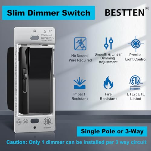 Image of BESTTEN 3 Pack Slide Dimmer Light Switch, Quiet Rocker, Super Slim Single Pole or 3 Way Dimmable Switch, Max 300W LED, CFL, 600W Incandescent, ETL Listed, Black