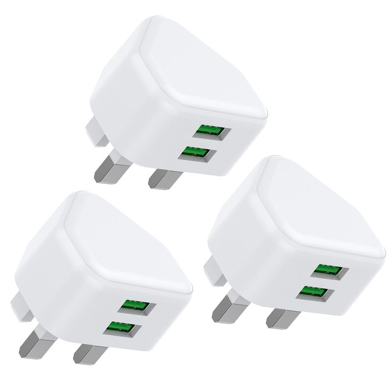 USB Plug, Dual USB Charger Plug UK 3Pack Phone Plugs with USB Port Double Compact 3 Pin Mains Charge Head 10.5W 5V 2.1AMP Charging Compatible with iPhone Apple 14 13 12 11 SE XS XR X 8 7 6 5 iPad