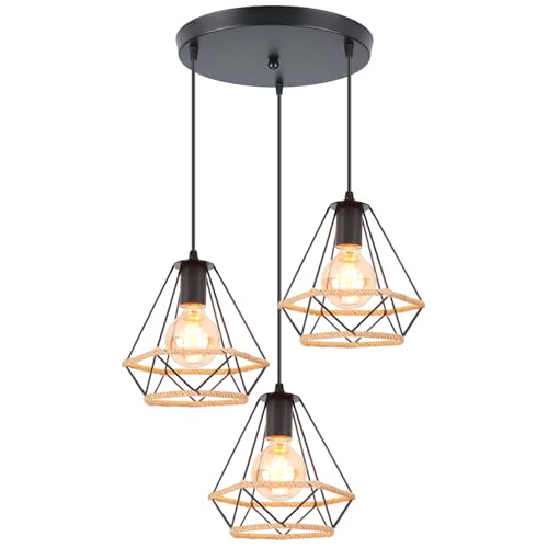 iDEGU 3-flammig Hängelampe Industrie Vintage Pendelleuchte 20cm Lampenschirme aus Metall Käfig mit Hanfseil Retro E27 Schwarz Hängeleuchte für Esszimmer Wohnzimmer Küche Schlafzimmer (Rondell)