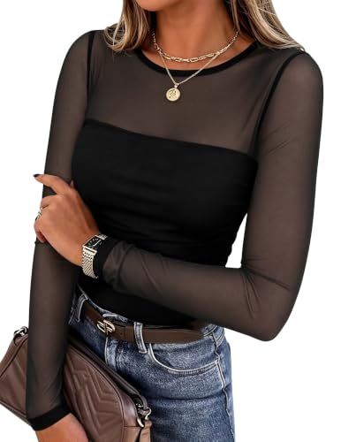Zeagoo Women's Mesh Blouses Sexy Sheer Long Sleeve Shirts Fall Black Tops