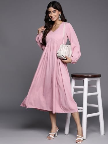 Image of Varanga Women Blue V-Neck, Bishop Sleeves, Gathered Details Calf Length A-Line Dress, Flared Hem