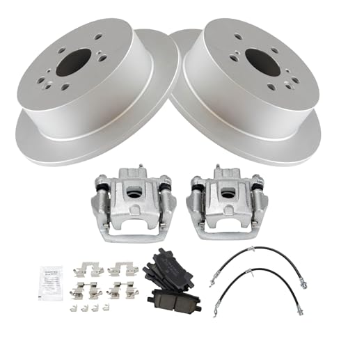 Image of TRQ Rear Brake Pad and Rotor Set Ceramic G Coated Rotors Calipers Compatible with 2004-2006 Lexus RX330 2007-2009 RX350 2006-2008 RX400h 2006-2007 Toyota Highlander with All Wheel Drive
