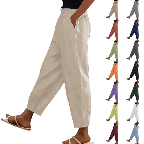 Wide Leg Trousers for Women UK Cotton Linen Trousers Womens Ladies Summer Loose Straight Leg Casual Lounge Pants Solid Color Drawstring Elasticated Waist Cropped Trouser Beach Beige L