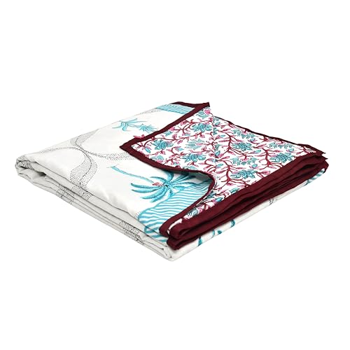 Image of BLOCKS OF INDIA Hand Block Printed Cotton Single Size Reversible Malmal Dohar for Summer (Turq Tree)