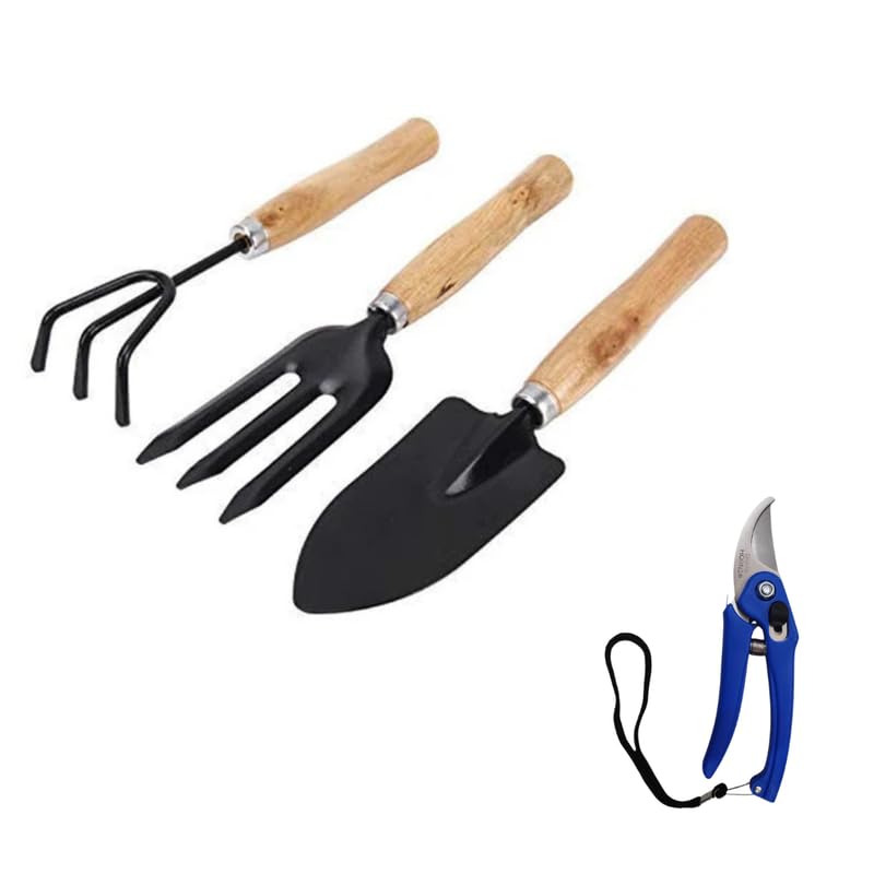 Image of 4 in 1 Gardening Tool Set - Trowel, Fork, Cultivator & Pruner with Wooden Handle for Digging, Planting, Weeding & Trimming