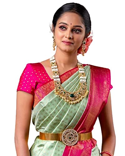 WILLFE Banarasi & Kanjivaram Soft Lichi Silk Saree With Blouse Piece (Light Green & Pink)