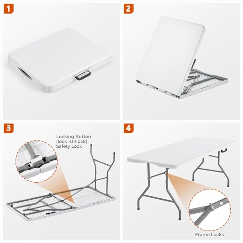 Harigal Folding Table 6FT 350 LBS Heavy Duty Foldable Table with 18% Thicker HDPE Waterproof Top, Portable Fold in Half with Handle, Reinforced Steel Frame for Indoor Outdoor Party Events by Harigal - Image 7
