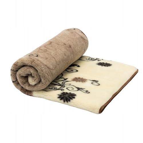 Wool & Home Merino Wolldecke 140x200 cm – Kuscheldecke aus 100% Merinowolle, Blumen- und Rankenmuster in Creme, Braun und Schwarz – Gewicht 500 g/m² – Atmungsaktiv und Langlebig