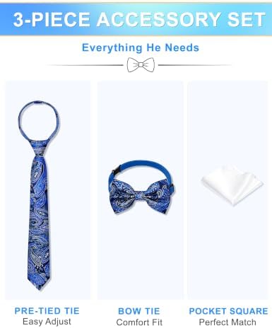 DIARY SHOW Boys Necktie Bow Tie Pocket Square Blue Paisley Big Boys - 1