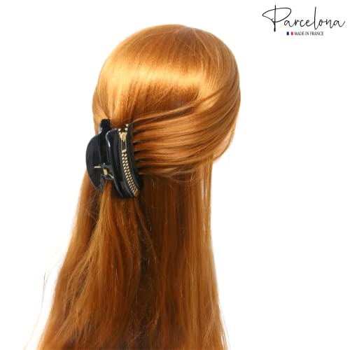 Parcelona French Belle Zip Design Small 2 3/4" Celluloid No Slip Grip Jaw Hair Claw Durable Styling Paris Hair Accessories Women Strong Hold Girls Hair Claw Clips, Made In France (Glossy Black) #TOP3