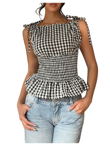 Black-and-white gingham smocked peplum tie-shoulder top