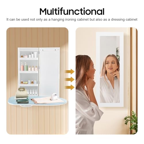 Ropoana Wall Mount Ironing Board Cabinet, Built-in Swivel Ironing Board Foldable with Storage, Wall Hanging with Mirror, Foldable Iron Storage Station for Home, Apartment, Checkrooms, White - Image 5