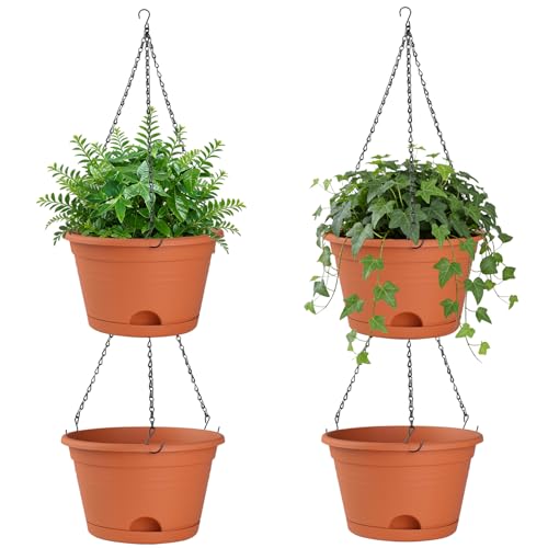 Nooulap 4 Pack Hanging Planters, 10 Inch Hanging Plant Pot with Hanger Chain & Drainage Trays, Hanging Baskets for Plants Outdoor Indoor, Plastic Flowers Pots for Home, Garden Decor (Red)